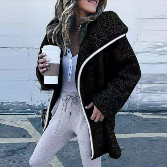 BLTIBY Women Winter Fleece Jackets Hoodies Winter Fall Solid Color Open Front Lightweight Casual Sherpa Coat Soft Warm Overcoats with Pockets Black M