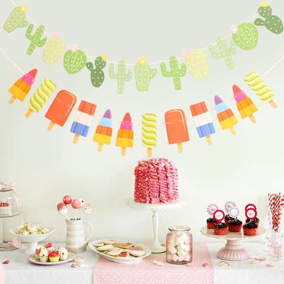 BESTYASH 2-Pack Party Banner with Cactus and Ice Cream Paper Flag Bunting in Assorted Colors