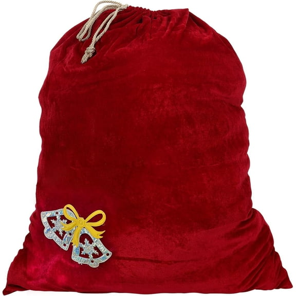 Sunnywood Santa Bag Large Stretchy Velour Sack with Golden Drawstring with Red Christmas Bells 36" x 27"