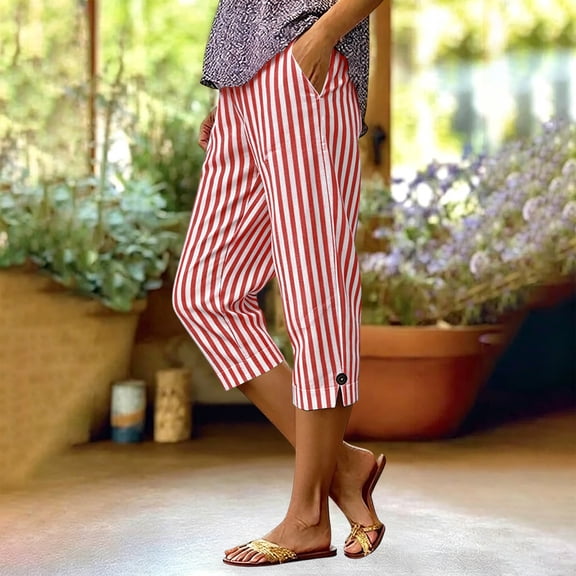 Asgosdo Women Capris Pants High Waisted Side Slit Striped Casual Basic Beach Vacation Pants with Pockets