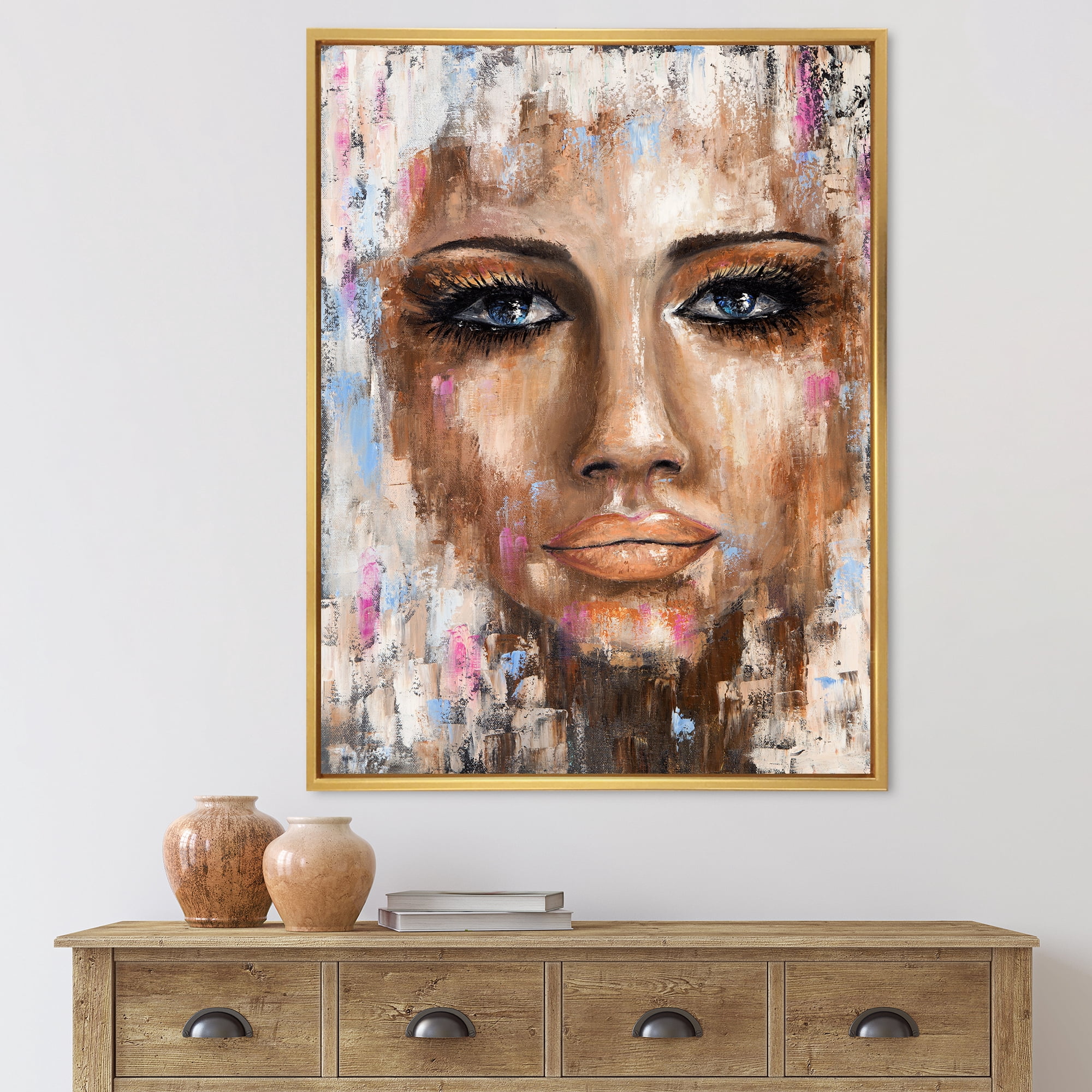 Abstract Portrait Of A Young Woman With Blue Eyes I 30 in x 40 in Framed Painting Canvas Art Print, by Designart