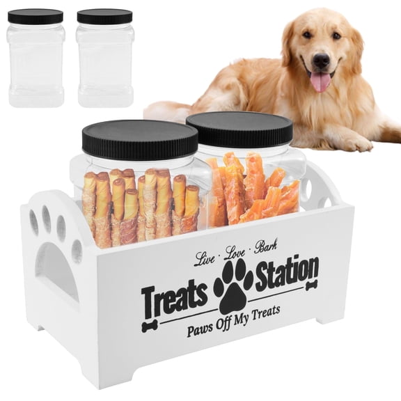 NUAHRHY Wood Cat Dog Food Container, Airtight Pet Food Storage Jar, Rustic Organizer with 2 Plastic Dog Treat Jars Reusable Decorative Holder 9.06x5.12x4.92" White