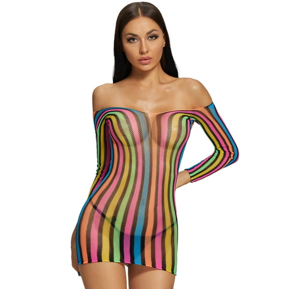 Women Sexy Long Sleeve Off Shoulder Lingerie Rainbow Striped Fishnet Stretch Mini Dress Sheer Bodycon Backless Nightwear