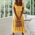 thumbnail image 4 of Penkiiy Women Boho Maxi Dress Crew-Neck Short Sleeve Empire Waist Summer Dress Smocked Floral Flowy Tiered Long Dress M Yellow, 4 of 9