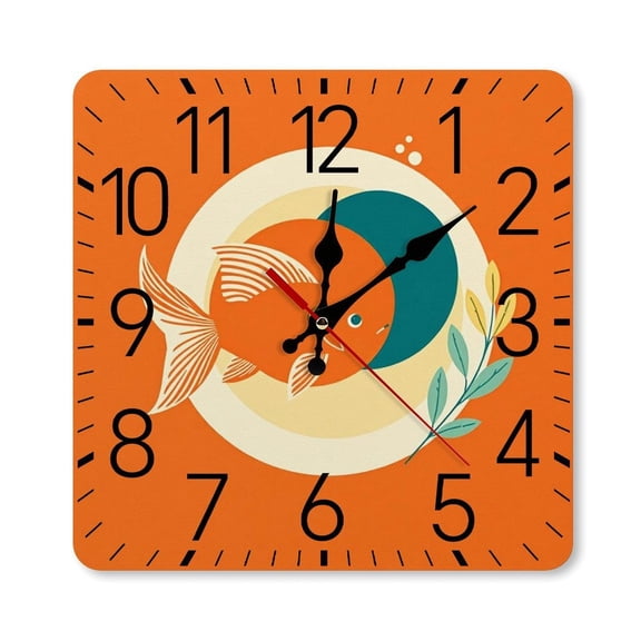 RKSupls 10×10inch Square Silent Wall Clock Wooden Frame, Goldfish Minimalist Orange Scale Decorative Clock for Home Bedroom Living Room Office