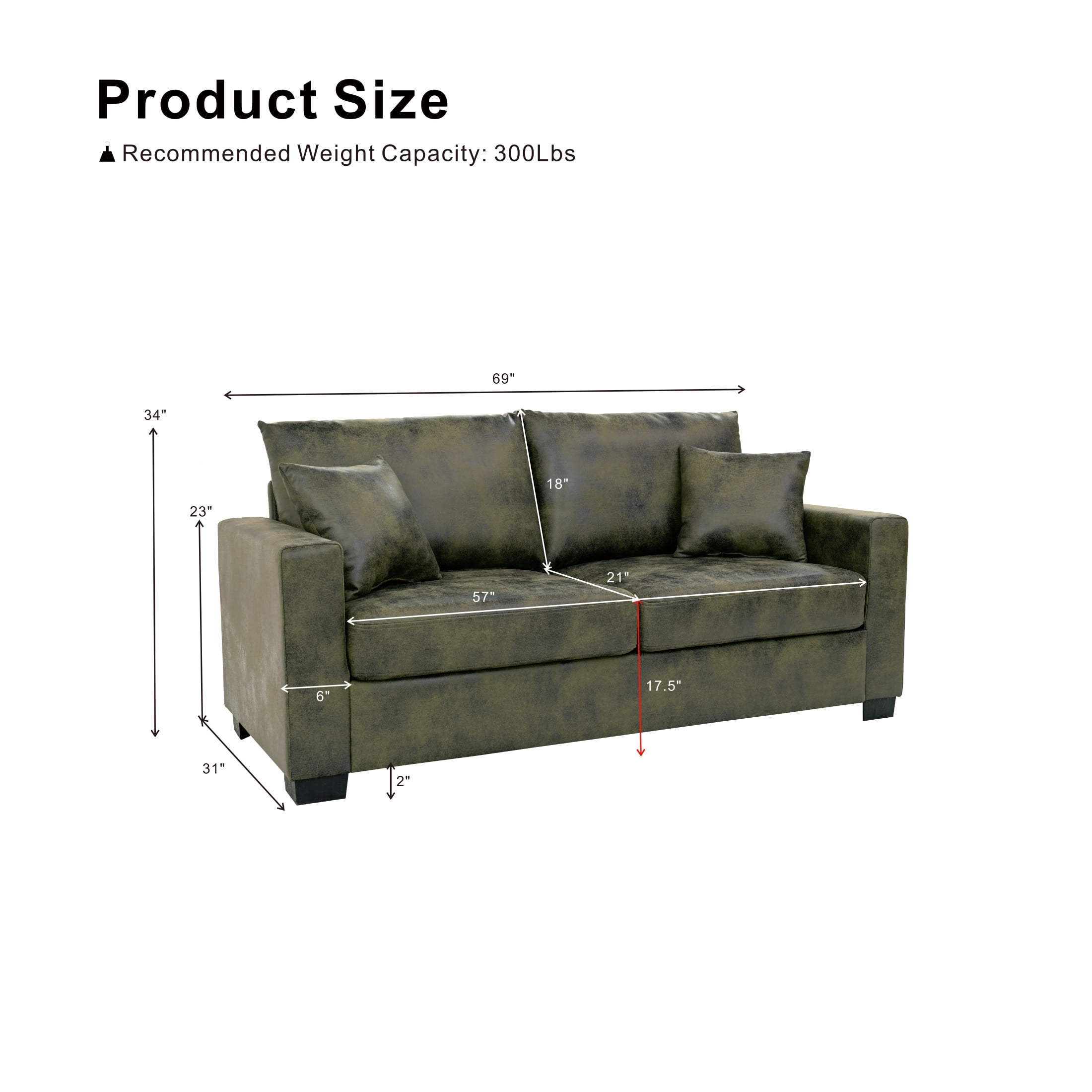 Noble House 69" Modern Loveseat, Foil Fabric Upholstered Sofa with 2 Throw Pillows, Olive Green