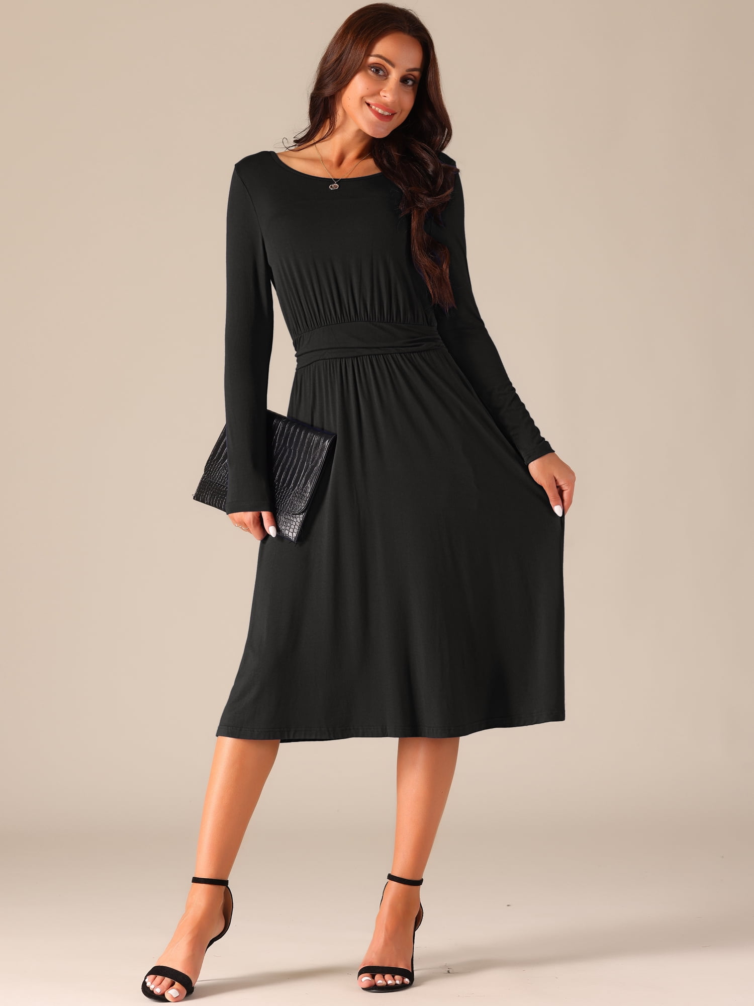 DARING DIVA Crew Neck Long Midi Sleeve Dress with Pockets M Black