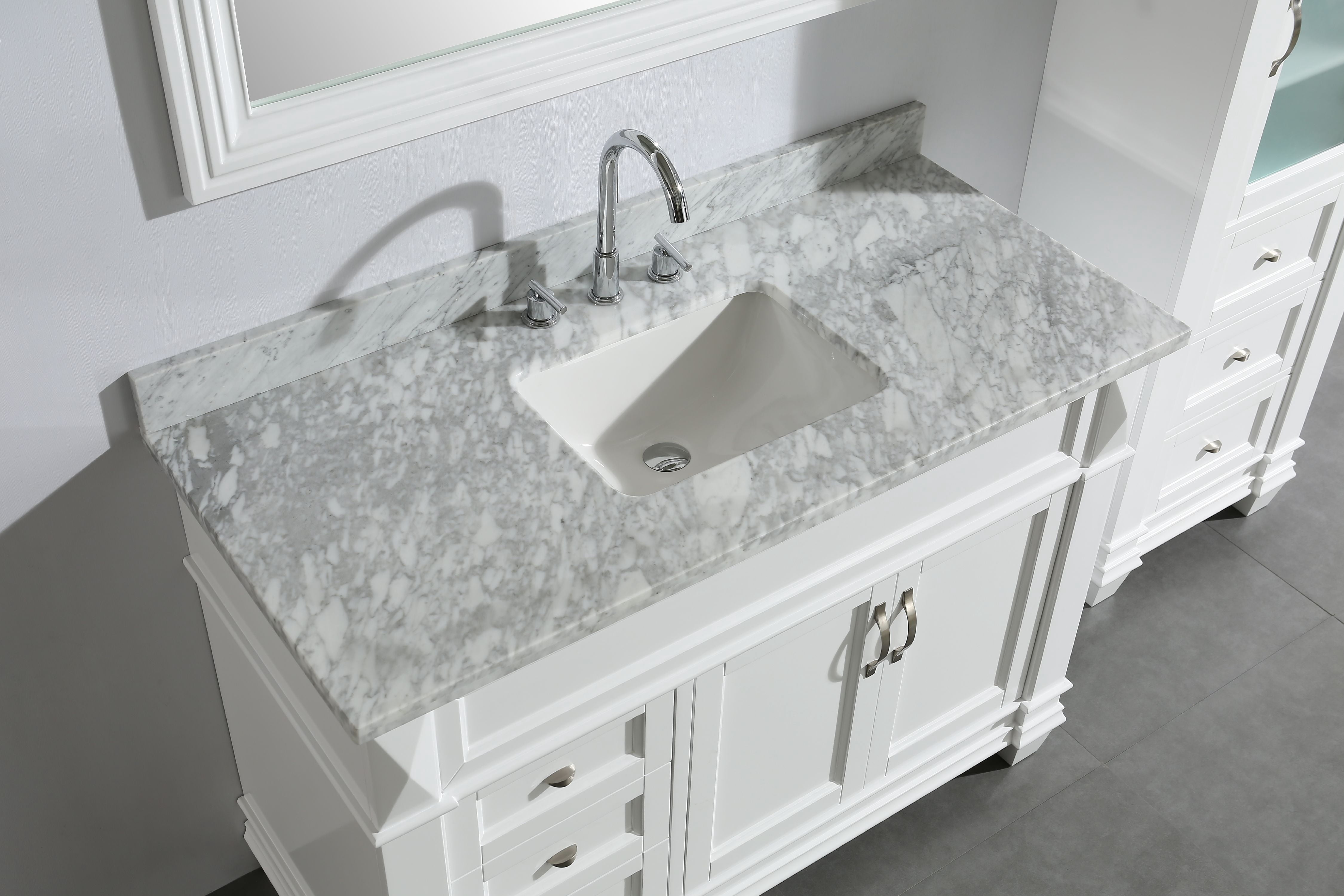 Design Element Hudson 48" Single Sink Bathroom Vanity Set in White with Carrara Marble Top and 65" Linen Tower Cabinet