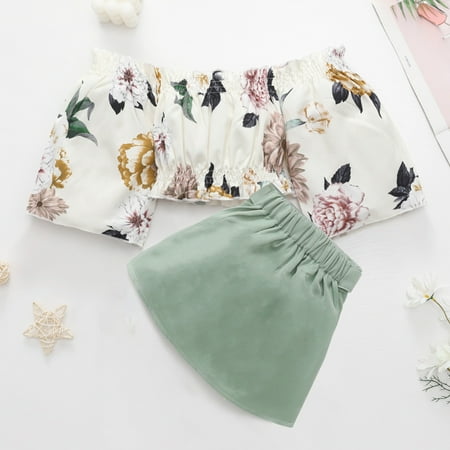 

Hunpta Toddler Kids Girls Summer Short Sleeve Off Shoulder Floral Ruffle T Shirt Tops Bow Pleated Skirt Casual 2PCS Outfits Set