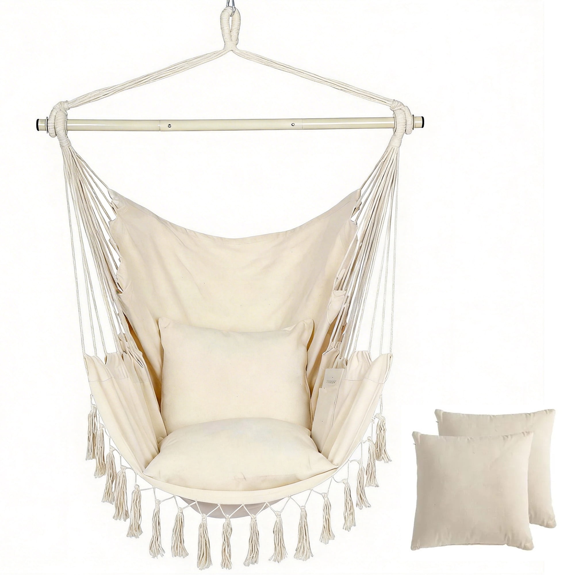 GARITIN Hammock Chair Swing, Cotton Hanging Chair with Detachable Metal Bar & Cushions, Indoor Outdoor Swing Chair for Patio Porch Bedroom