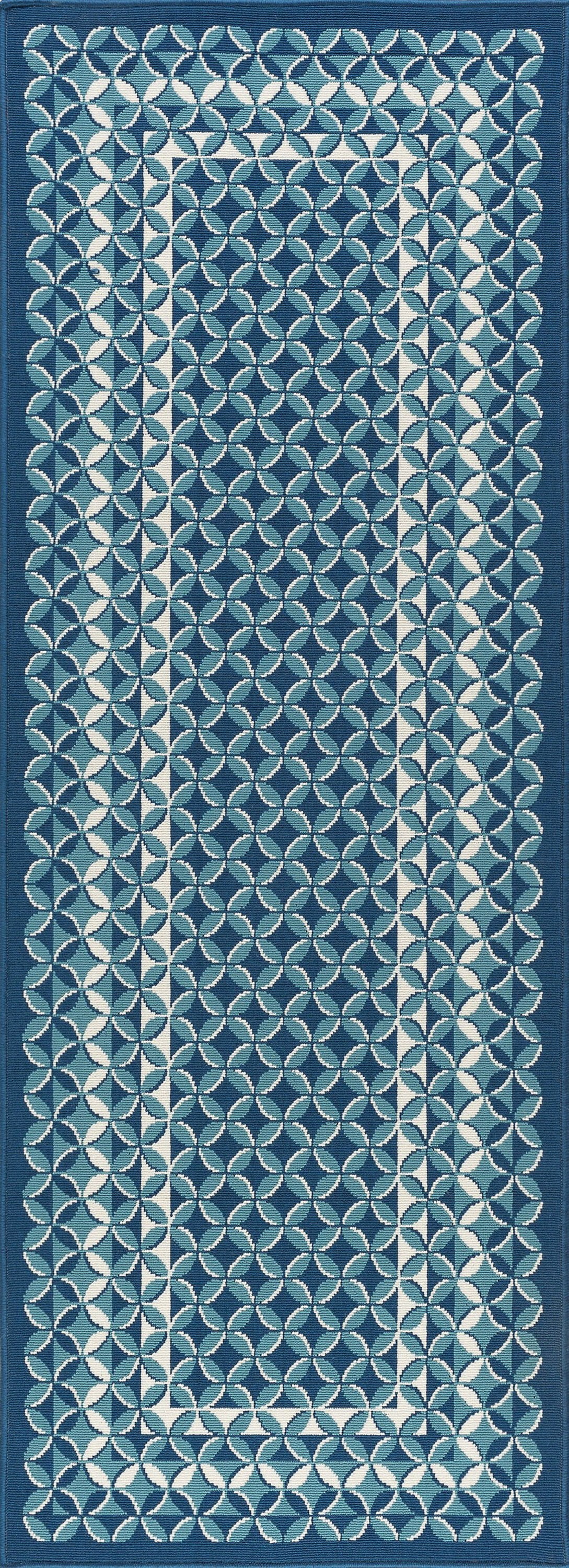 3x8 Water Resistant, Indoor Outdoor Runner Rugs for Patios, Hallway, Entryway, Deck, Porch, Balcony or Kitchen | Outside Area Rug for Patio | Navy, Geometric | Size: 2'7'' x 7'3''