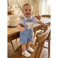 thumbnail image 4 of Cenuakty Toddler Boy 0-18M Easter Outfit Egg/Bunny Print Short Sleeves Romper with Bow Tie and Overalls Shorts Set for Formal Wear, 4 of 9
