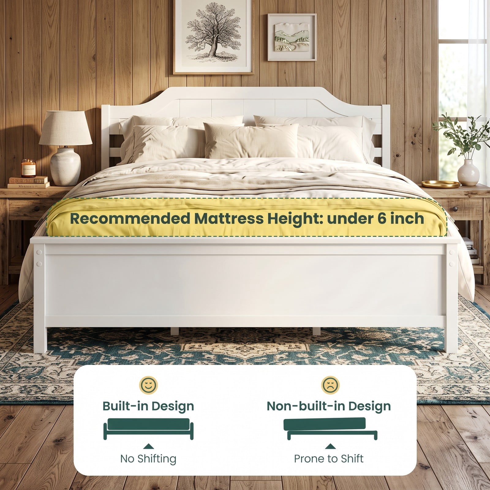 Furnibear Queen Size Bed Frame Solid Wood Platform Bed Frame with Curved Headboard and Footboard for Bedroom and Guest Room, White
