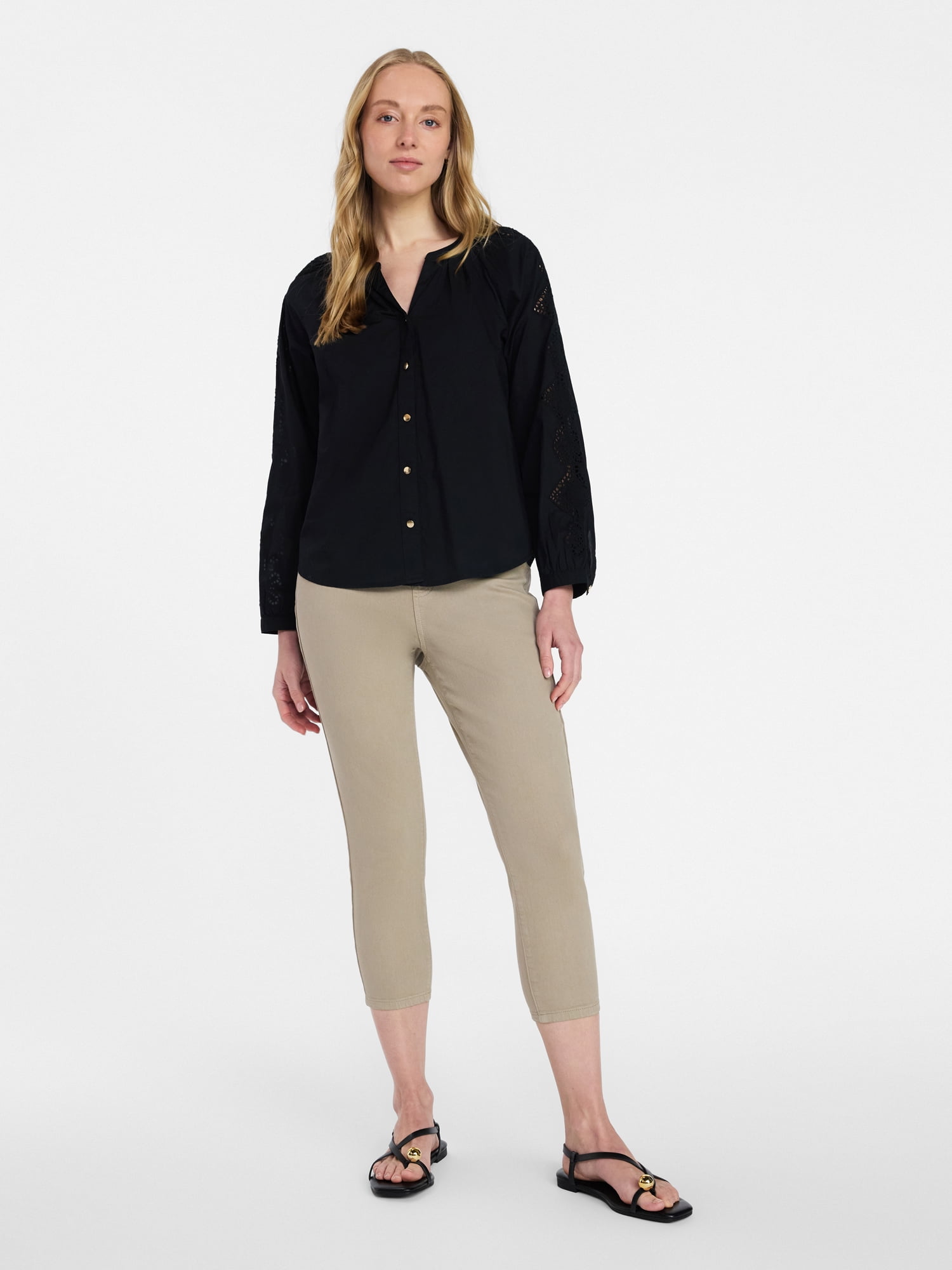Time and Tru Women's Eyelet Blouse with Long Sleeves, Sizes XS-XXXL