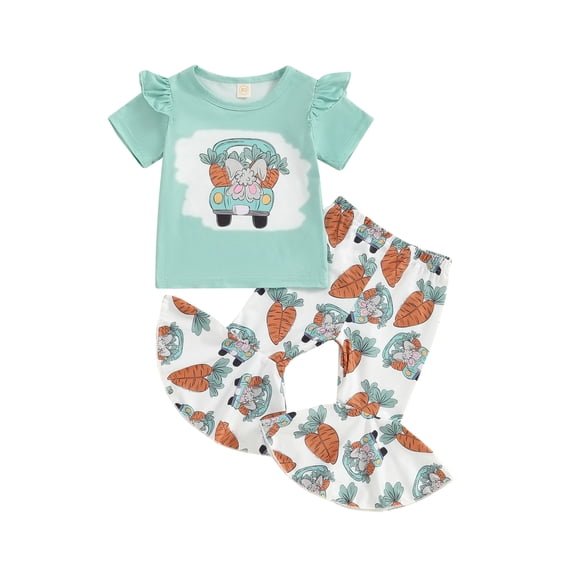 Jxzom Toddler Baby Girl Easter Outfit 6 12 18 Months 2T 3T 4T Carrot Print Ruffle Short Sleeve T-Shirt Flared Pants Summer Clothes Set