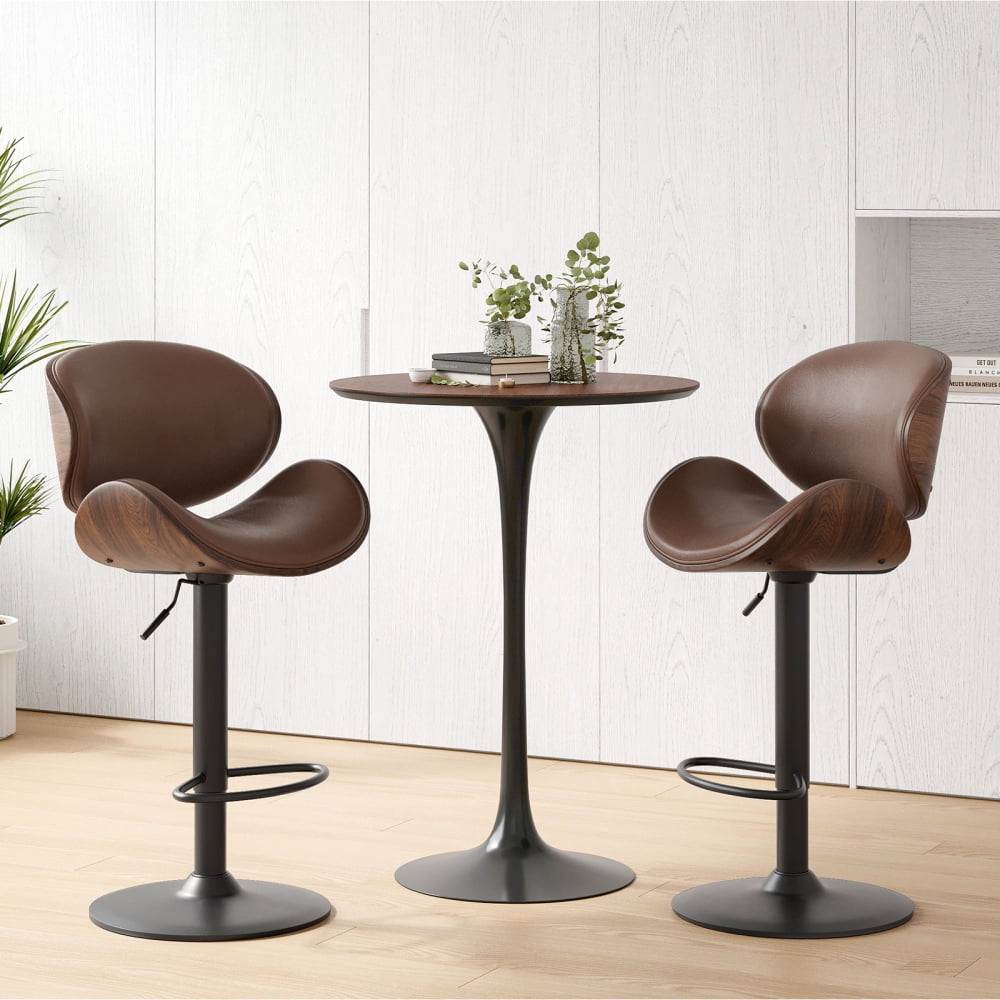 A set of 2 height-adjustable swivel bar stools with PU leather seats and backrests, featuring footrests, suitable for kitchen bar counters or home bars