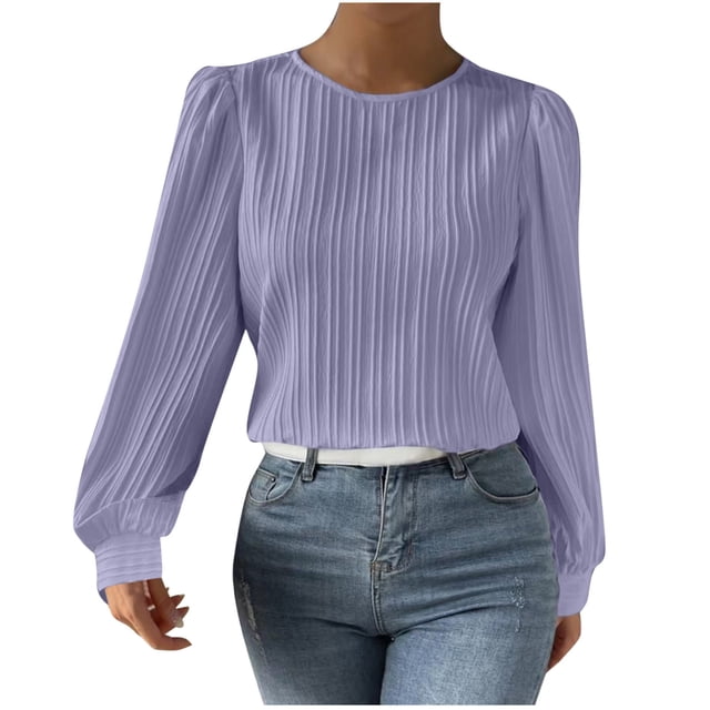 Timegard Hauts pour Femmes Blouse à Manches Longues Bouffantes Col Ras du Cou Chic Décontractée Ample Confortable Hauts Mode d'Automne