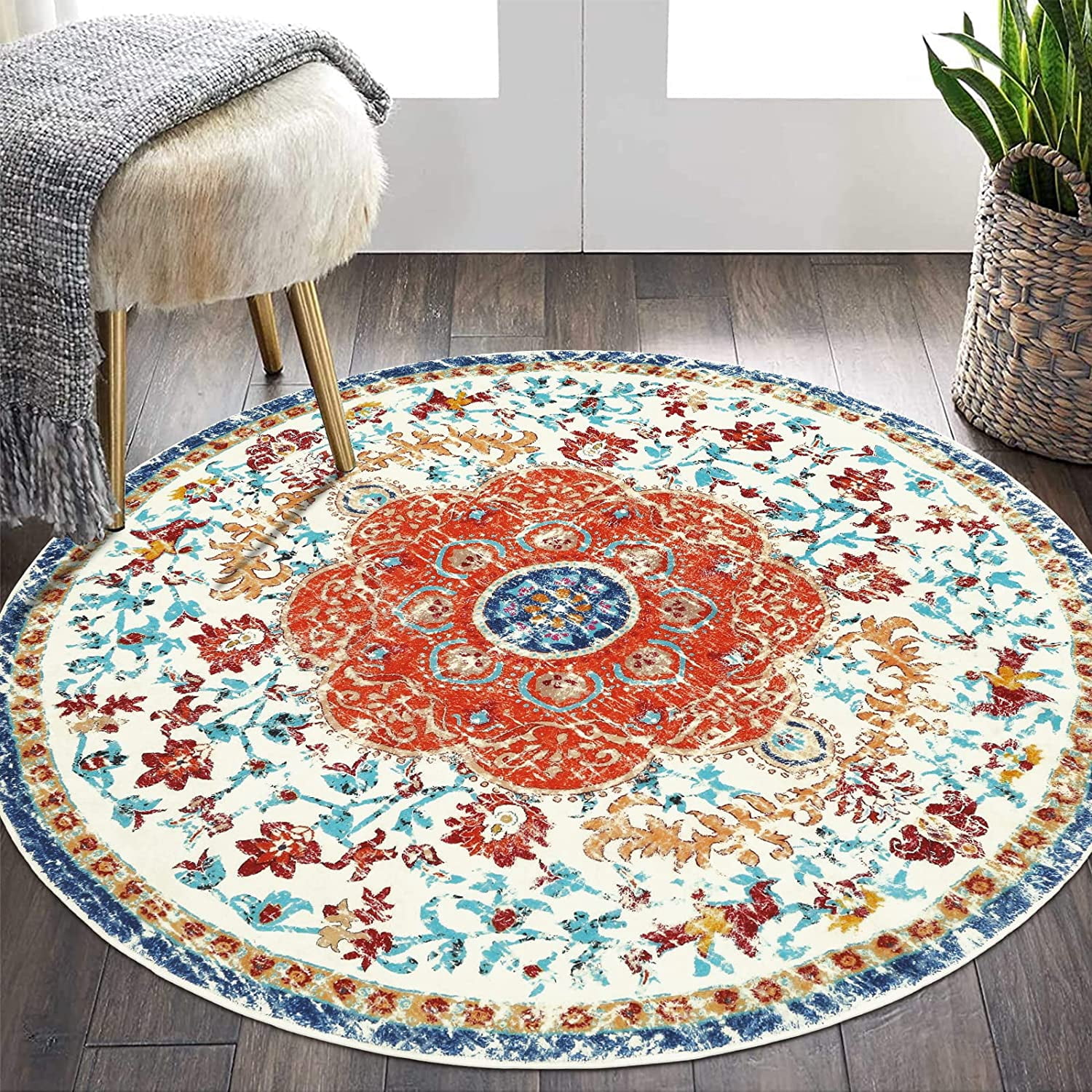 Findosom 5.25'Round Area Rug,Non Slip Washable Round Rug Boho Area Rug for Living Room,Bedroom,Home Decor,Office,Dining Room,Gray