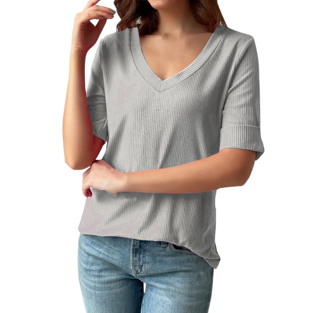 Timegard Womens Summer Tops Ribbed V-Neck Half Sleeve Solid Color Basic Tee Casual Loose Shirts Tops