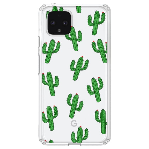 DistinctInk Clear Shockproof Hybrid Case for Google Pixel 4 (5.7" Screen) - TPU Bumper, Acrylic Back, Tempered Glass Screen Protector - Repeating Cartoon Cactus