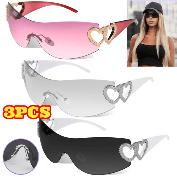 3pcs Rimless Sunglasses for Women Men, Trendy Shield Wrap Around Sunglasses, Fashion Frameless Sun Glasses UV 400