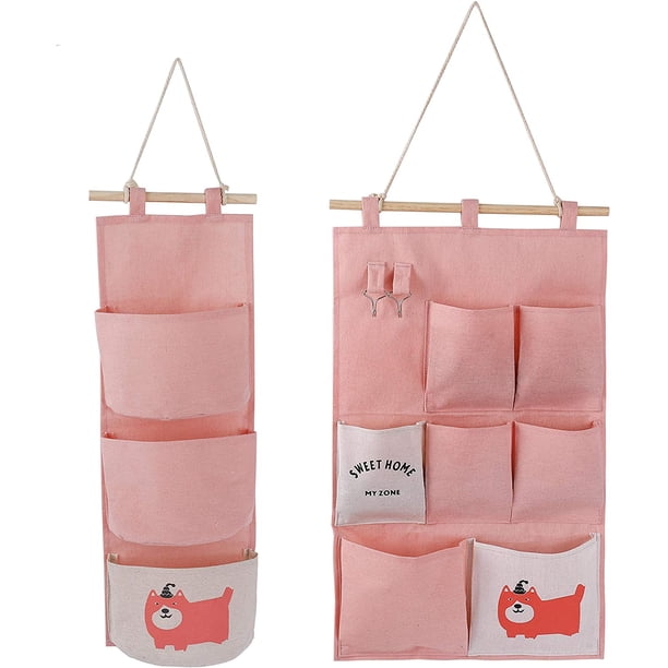 Bolsa de almacenamiento de pared, 2 estilos, organizador de tela de lino con bolsillos pequeños para el hogar y la oficina, color rosa
