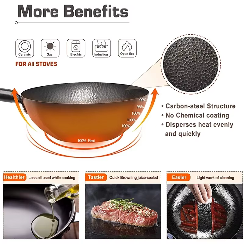 Coach & Couch Inc Carbon Steel Stir Fry Wok Pan Cast Iron Frying Pan with Lid, 12.59”