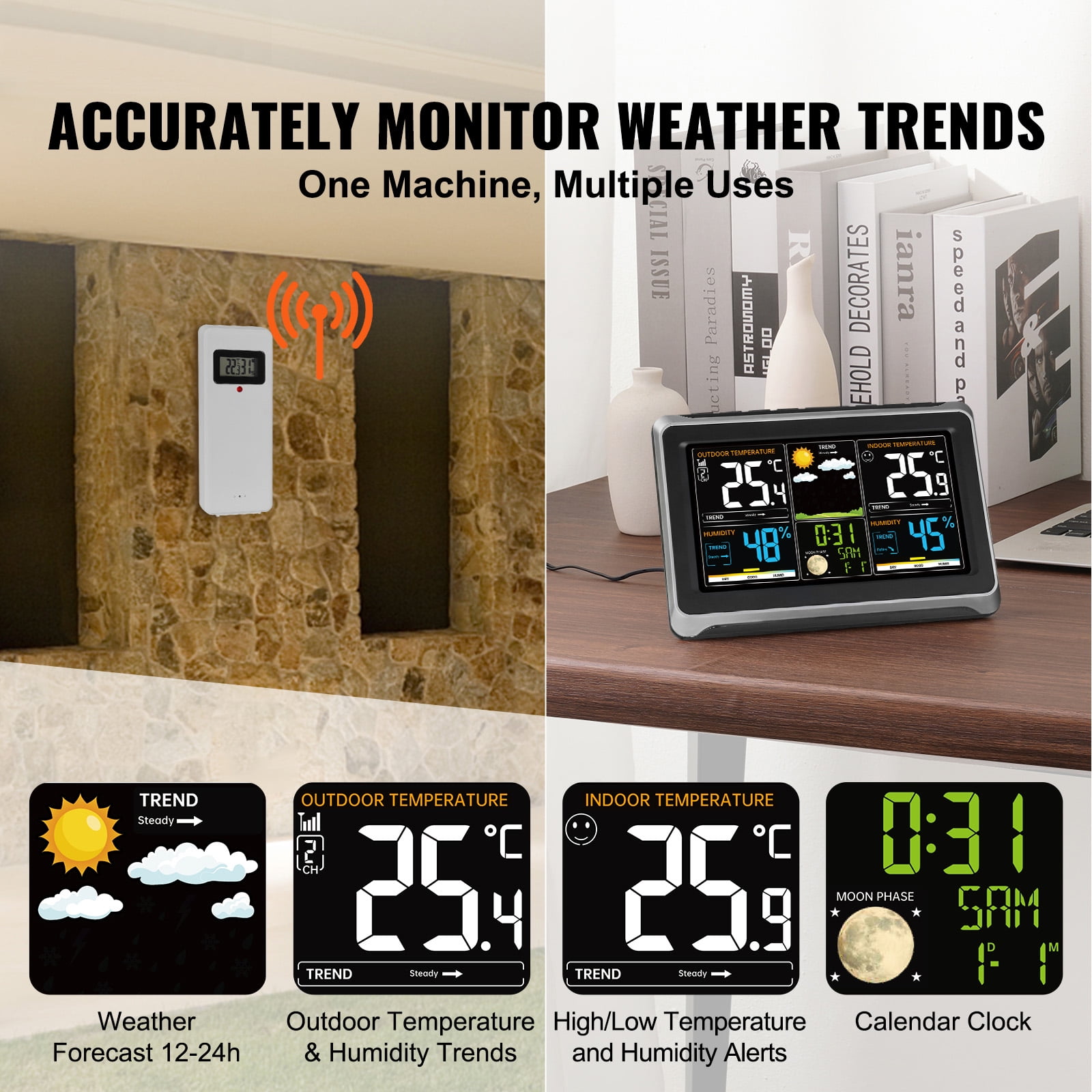 VEVOR 7-in-1 Wireless Weather Station with Sensor Atomic Clock, Indoor/Outdoor Temperature, Indoor/Outdoor Humidity, Personalized Forecast