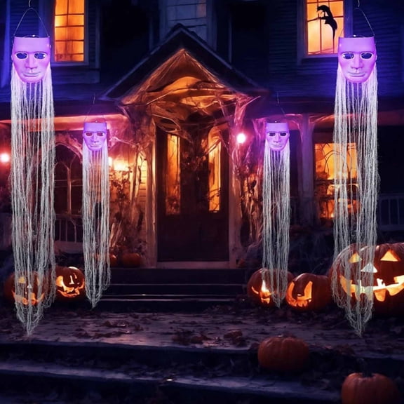 Konghyp Halloween Ghost Decorations, Hanging Ghost Ornaments, Outdoor Ghost Props, Scary Decorations for Halloween, Long Haired Ghost Mask, Unique Halloween Home Decor