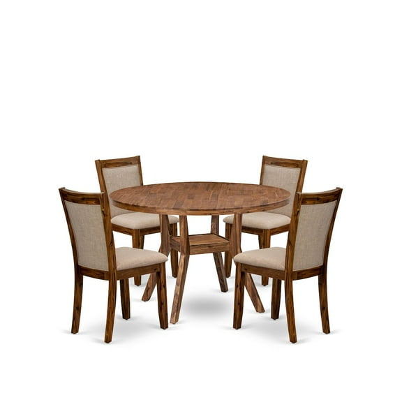 Luxe by East West Furniture 5-Pc Dining Set A Pedestal Dinner Table, 4 Light Tan Linen Fabric Kitchen Chairs