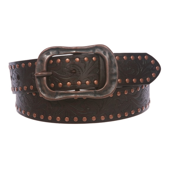 Snap On 1 1/2" Soft Hand Vintage Cowhide Leather Floral Embossed Rivet Studded Casual Belt