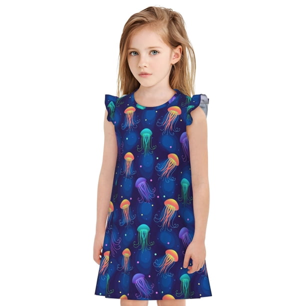 Fotbe Jellyfish colorful Vestido de Dormir para Niñas de 3 a 10 Años, Mangas Cortas, Estilo Princesa, Pijama Camisón con Mangas Voladas-XX-Large