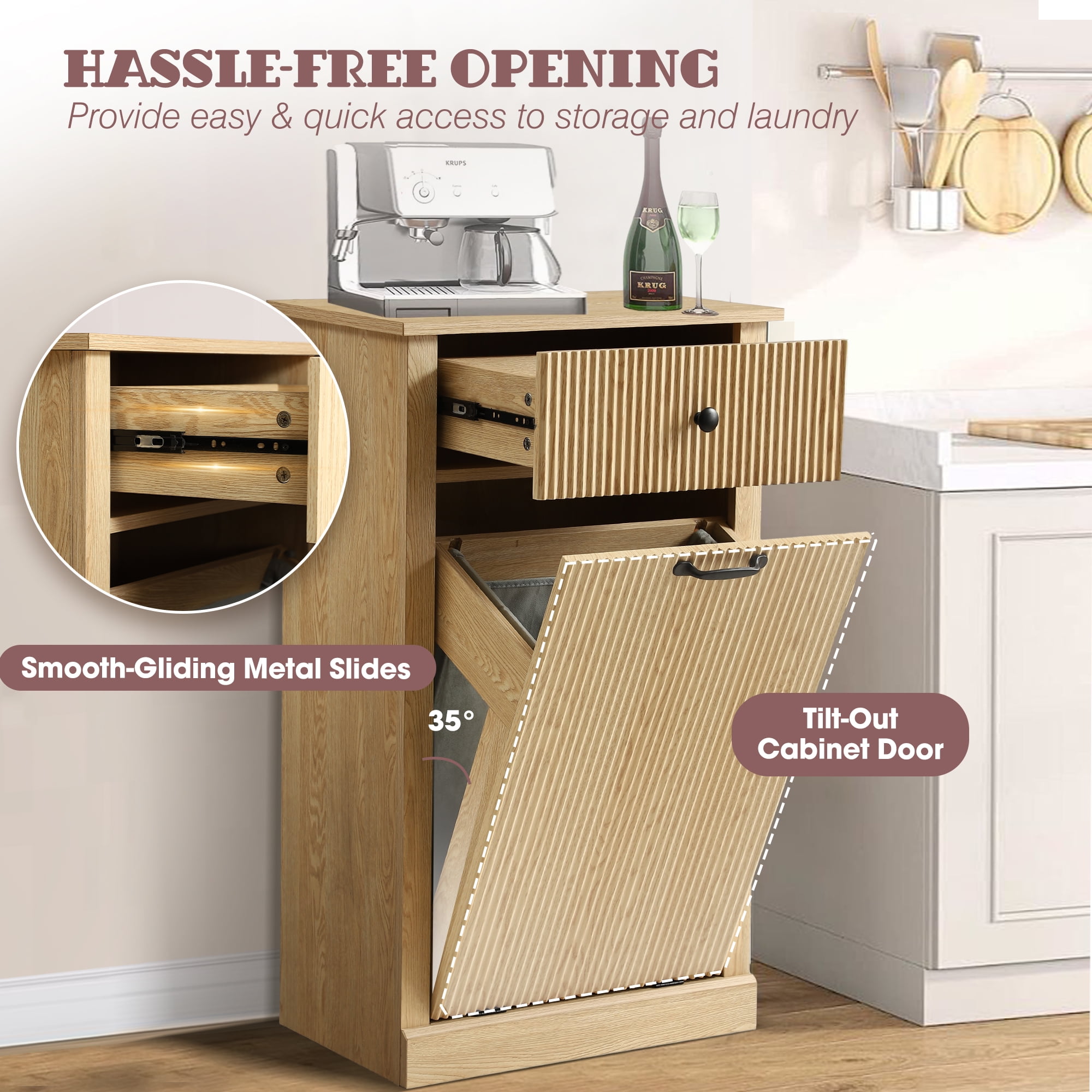 Haverchair 35.8" H Tilt Out Laundry Hamper Cabinet, Modern Fluted Trash Can Cabinets with Drawer, Wooden Hidden Garbage Cabinet for Kitchen and Bathroom