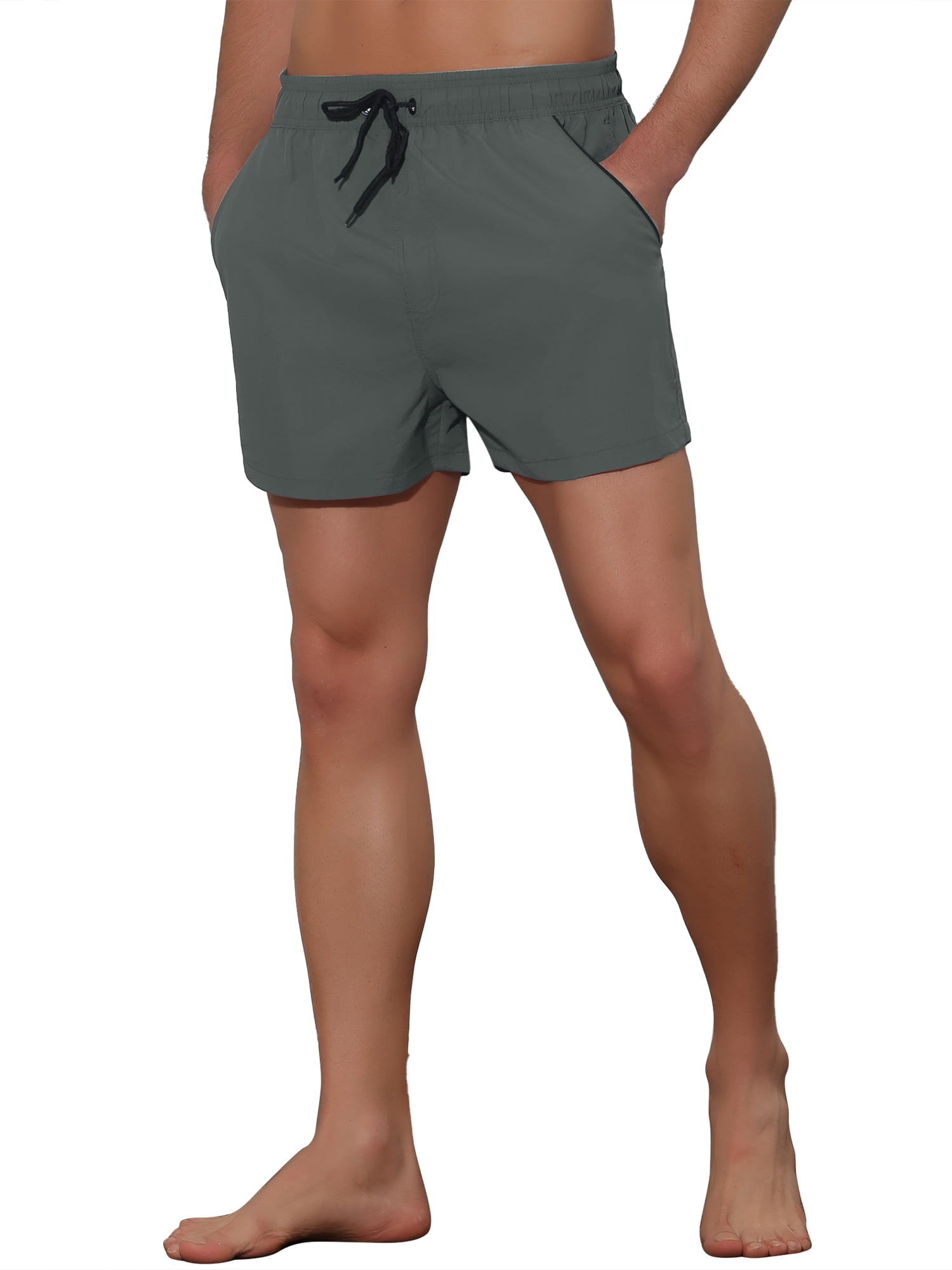 Unique Bargains Men's Vacation Solid Color Drawstring Elastic Waist Swim Short Grey 30