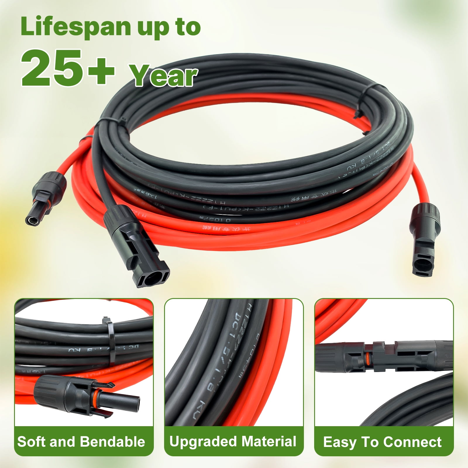 iMeshbean Solar Panel Extension Cable, 50FT 10AWG Solar Cable, Solar Panel Cable with Female and Male IP67 Waterproof Connectors for Outdoor Automotive RV Boat Marine Solar Panel