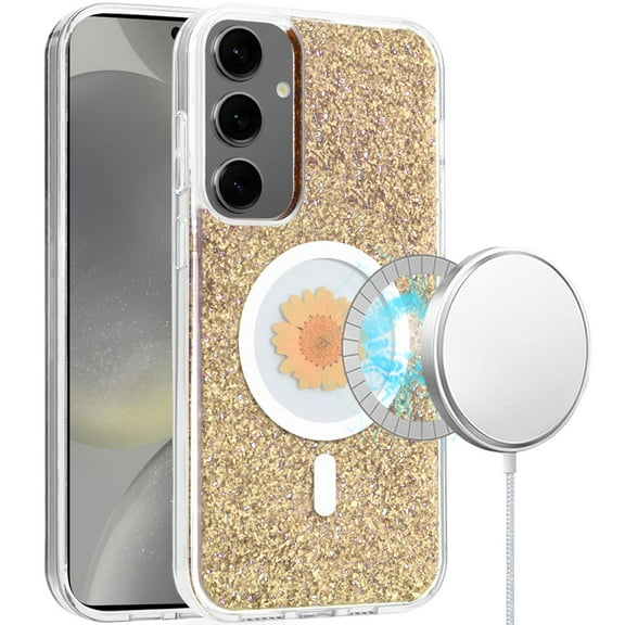 For Samsung s25/s24 Magnetic Ring Circle Real Flower Epoxy Glitter Hybrid Case Cover - Gold