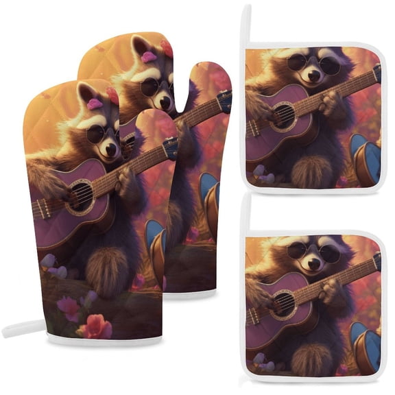 Raccoon Playing Guitar Oven And Pot Holders Sets, Heat Resistant Pads Kitchen Decor for Cooking Baking BBQ Grilling, Christmas Kitchen Gifts