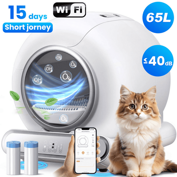 Smart Self-Cleaning Cat Litter Box, Automatic Odor Control, APP Remote Monitoring, Extra Large 65L Litter Box for Multiple Cats, Low Entry, Whisper-Quiet, Safe for Senior Cats & Large Cats