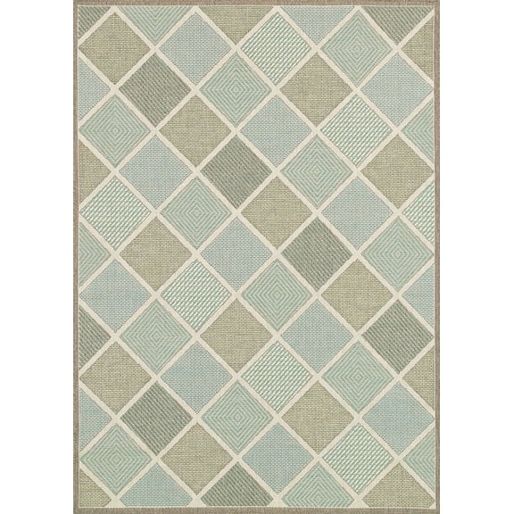 7.5' x 10.75' Beige and Green Geometric Rectangular Outdoor Area Throw Rug