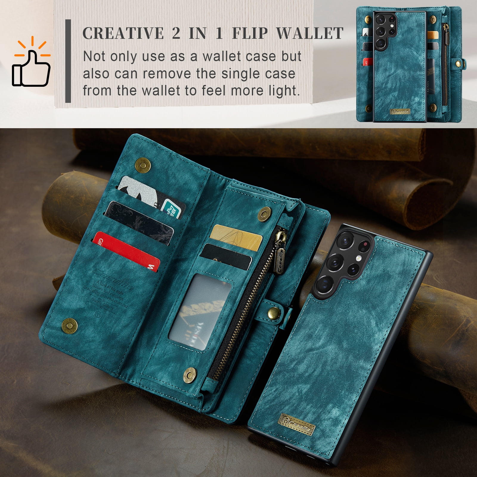 For Samsung Galaxy S25 Ultra Wallet Case,Multi-Functional Retro Leather Purse Flip Cover Zipper Wallet Case with Removable Card Slots Pocket & Detachable Wrist Strap Magnetic Phone Case, Green