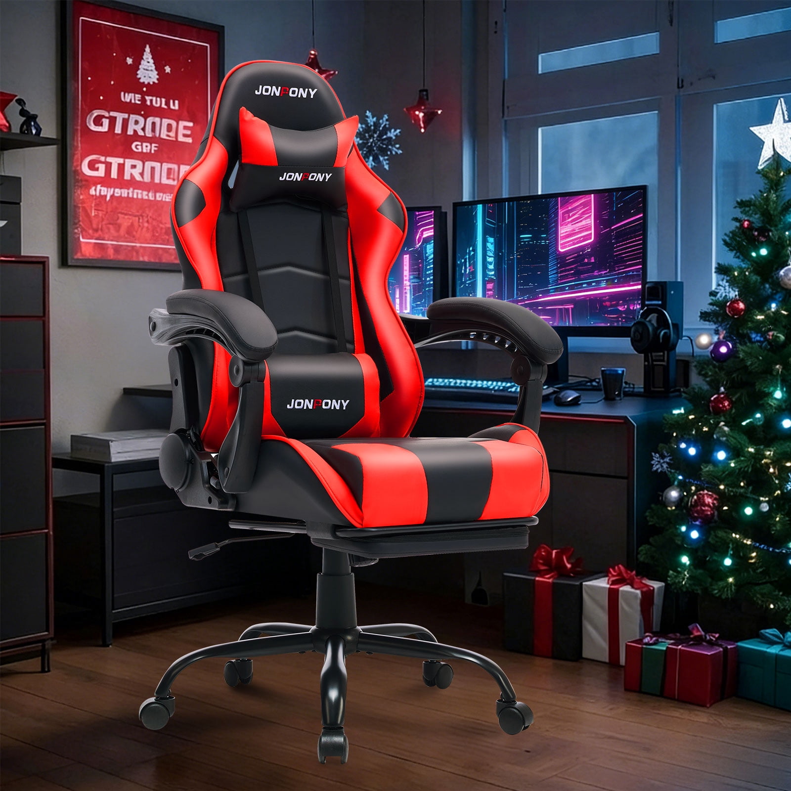 JONPONY Big and Tall 500LBS Gaming Chair, Ergonomic Design, Gamer Chair PU Leather with Footrest and Lumbar Support, High Back Office Chair Support, Long Sitting Computer Chair, Red