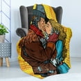 thumbnail image 4 of Western Soft Flannel Fleece Throw Blanket, Steampunk Robots Western Style Cowboy Kisses the Girl Illustration Print, Cozy Plush for Indoor and Outdoor Use, 50" x 60", Yellow and Brown, by Ambesonne, 4 of 5