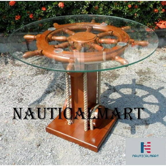 NauticalMart Wooden Ship Wheel Table Nautical Unique Wood Ship Wheel ecorative Coffee Table
