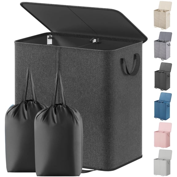 Double Laundry Hamper with Lid and Removable Laundry Bags, Large Collapsible 2 Dividers Dirty Clothes Basket with Handles