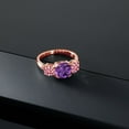 thumbnail image 3 of Gem Stone King 18K Rose Gold Plated Silver Purple Amethyst and Pink Moissanite 3 Stone Engagement Ring for Women (3.10 Cttw, Gemstone February Birthstone, Cushion 8MM, Size 6), 3 of 5