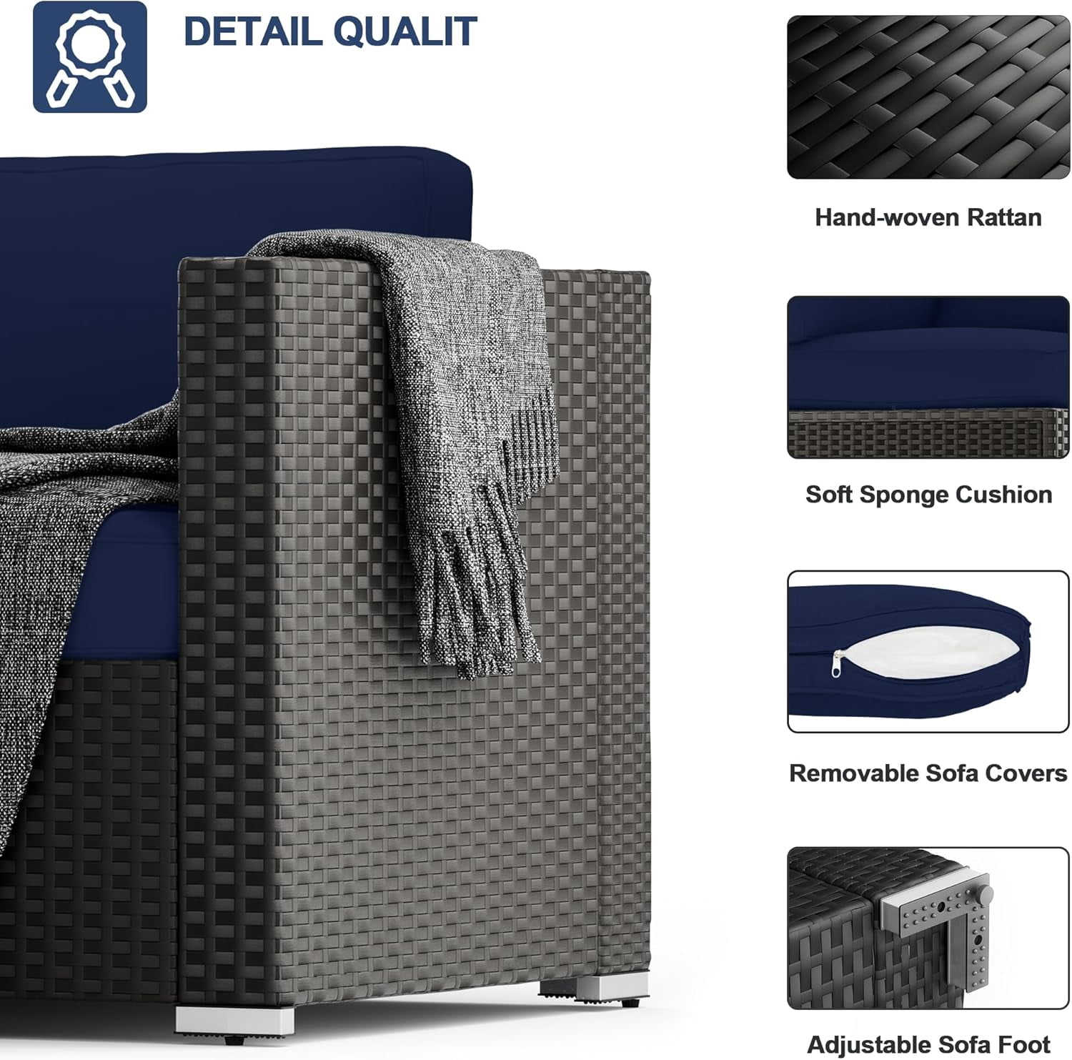 SUNCROWN 7-Piece Outdoor Patio Furniture Sofa Set All-Weather Black Wicker Sectional Cushioned Washable Seat Conversation Set with Modern Glass Coffee Table and Cushions (Dark Blue)