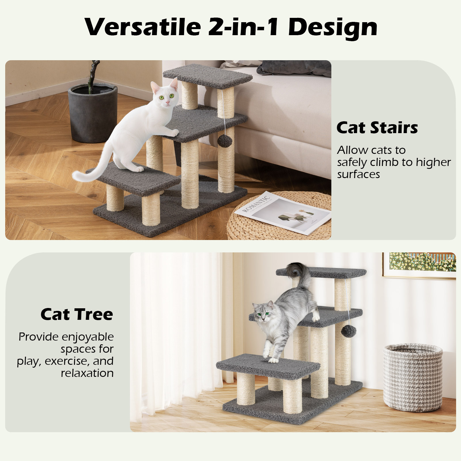 Gymax 2-in-1 Cat Tree Tower Pet Steps w/ Scratching Posts Hanging Toy Ball Perch
