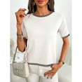 thumbnail image 4 of jinghuiyue Womens Short Sleeve Sweaters Tops Knit Crewneck Lightweight Summer Cropped T Shirts Casual Color Block Tees XL, 4 of 5