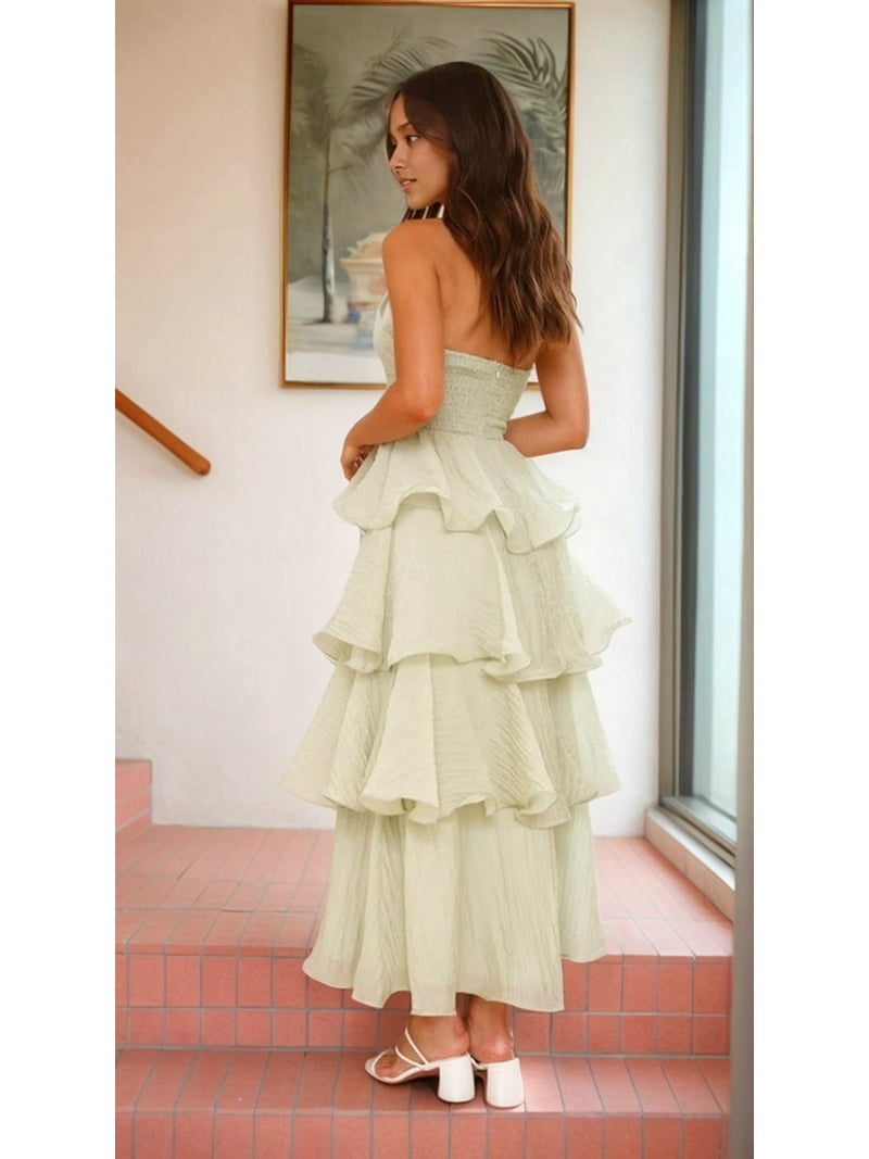 Women Summer Strapless Maxi Dress Ruffle Tiered Solid Backless Smocked  Elegant Flowy Beach Long Dresses Light Green M - Walmart.com