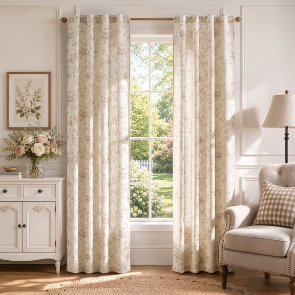 CURTAINKING Vintage Floral Linen Blend Curtains Light Filtering 84 Inch Window Curtains for Living Room Bedroom Farmhouse Cottage Style Window Treatment Rod Pocket Taupe